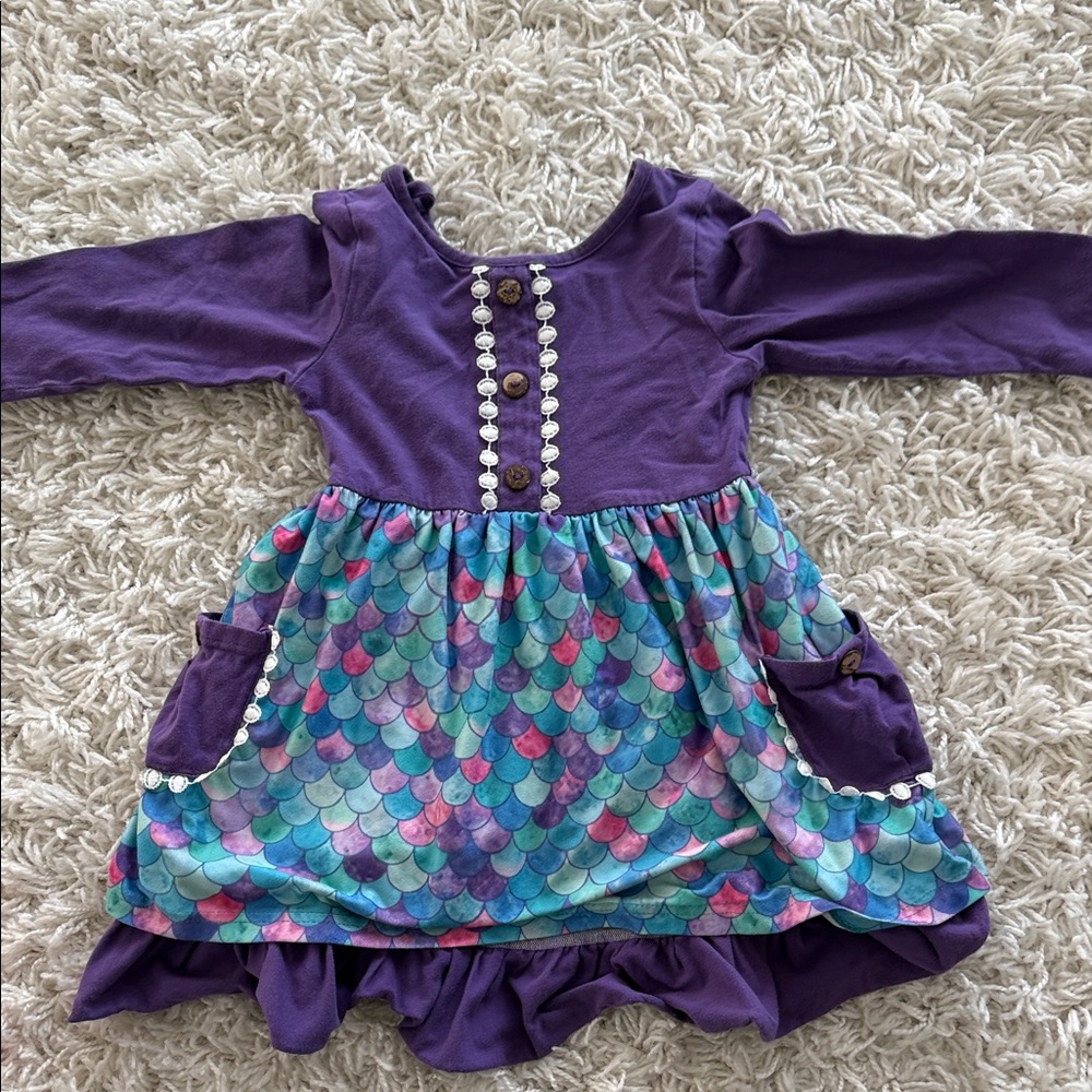 Girls Purple Mermaid Scale Dress with Pocket Details